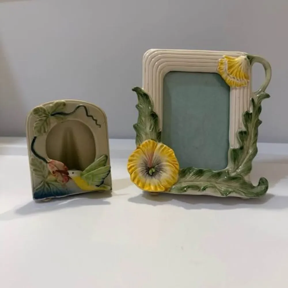 Vintage 80s Takahashi Hummingbird Holder & Fitz Floyd Floral Frame Set
